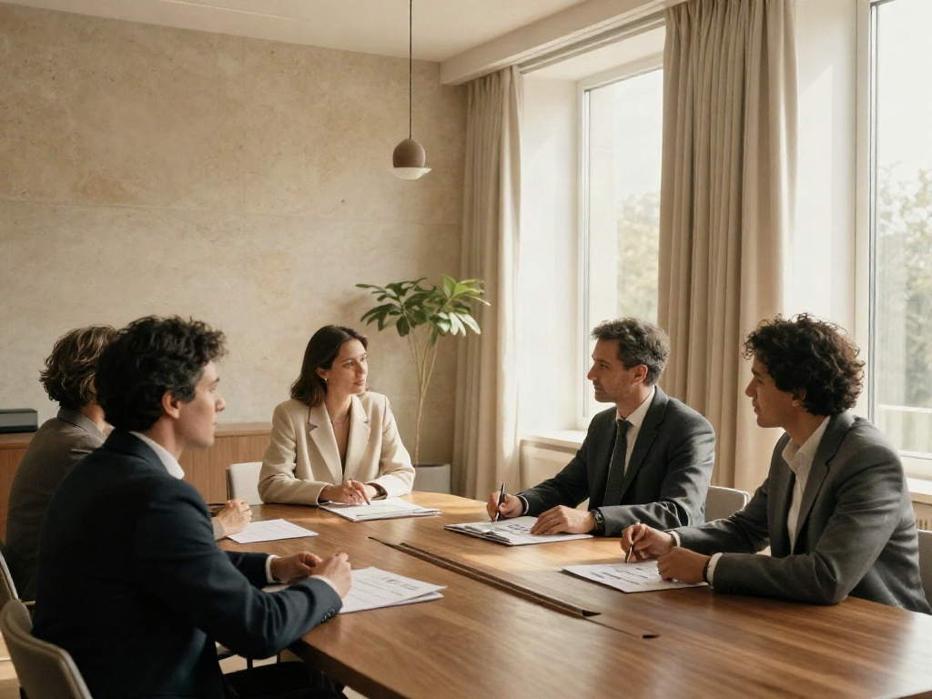 A focused strategy review around a conference table in a warm, light-filled boardroom